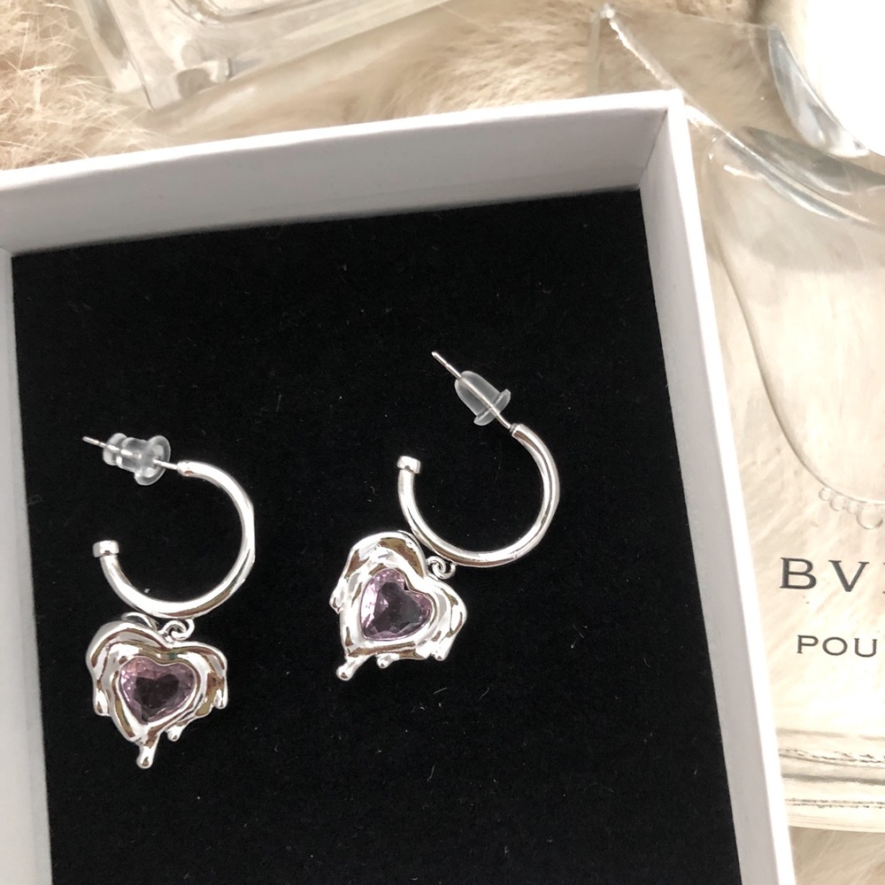 Silver heart with pink crystal earrings